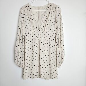 Polka Dot V-Neck Long Sleeve Mini Dress - Cream with Black Dots